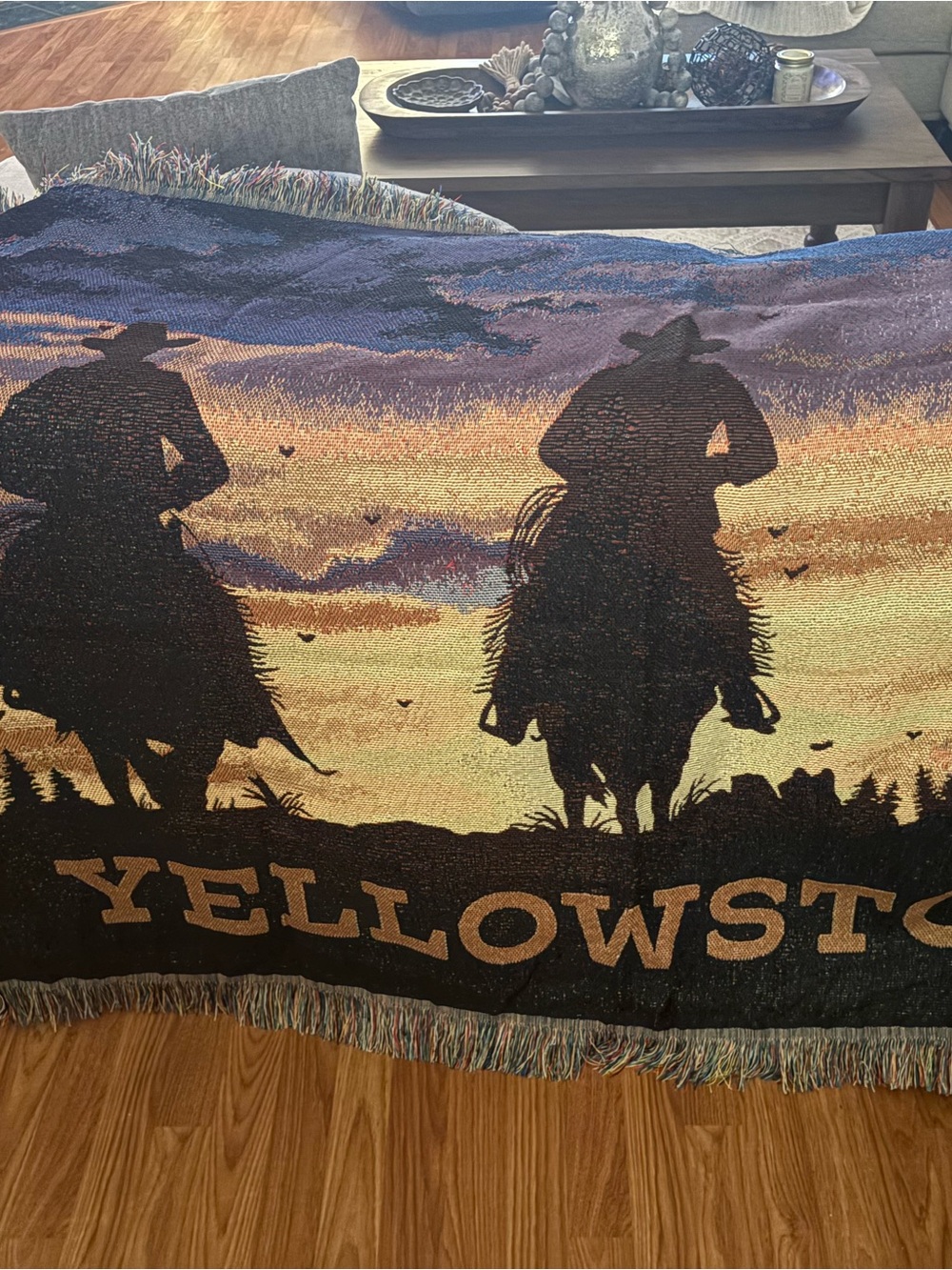 Yellowstone Cowboy Silhouette Woven Throw Blanket - Sunset Colors